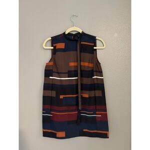 Theory 100% Silk Chocolate Brown Geometric Print High Neck Tie Blouse Size P/TP